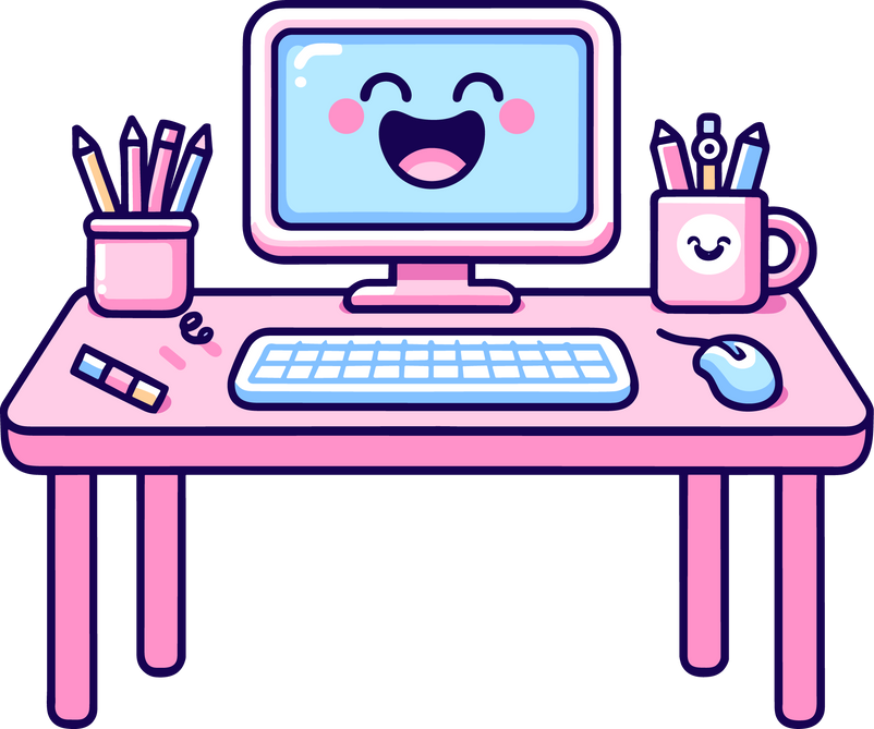 Cute Computer and Desk Cartoon